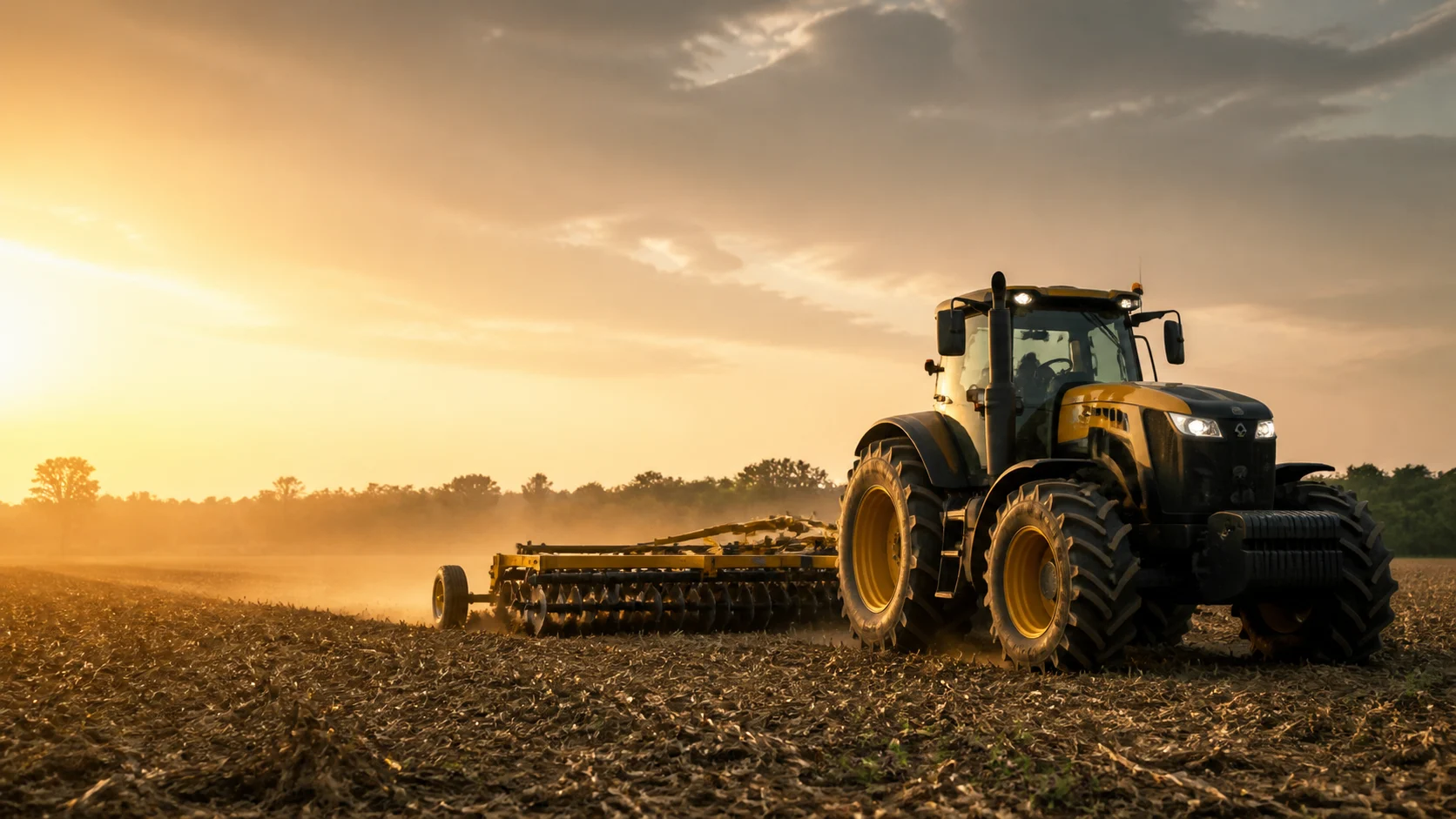 Trator trabalhando com implemento agrícola no campo